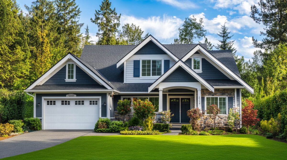 Blue-gray suburban house with white trim, front porch, garage, and a lush green lawn under a sunny sky