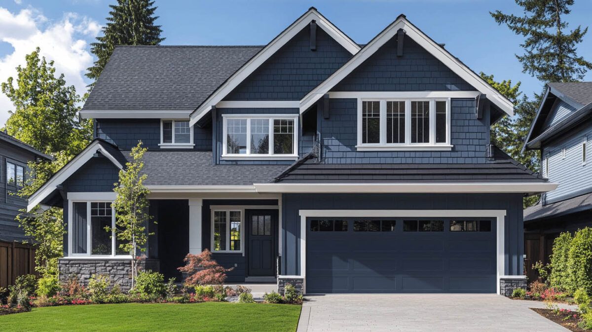 Large gray two-story suburban house with a dark roof, front lawn, and two-car garage