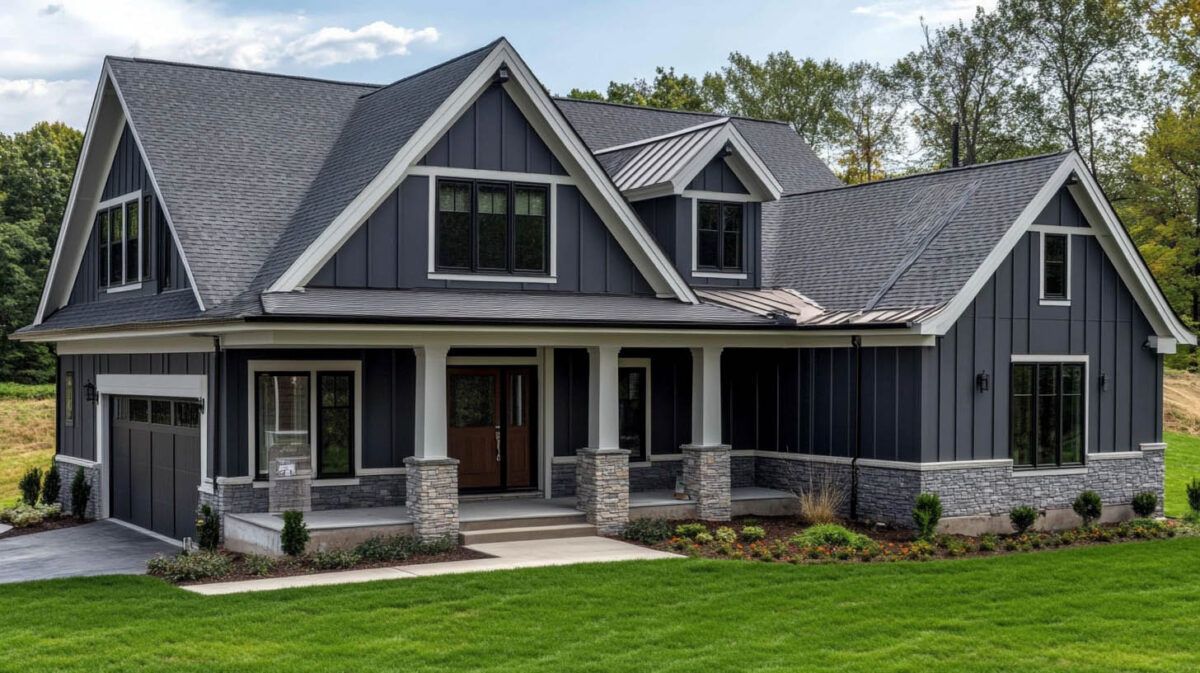 Gray modern farmhouse with stone porch and gabled roof on a green lawn