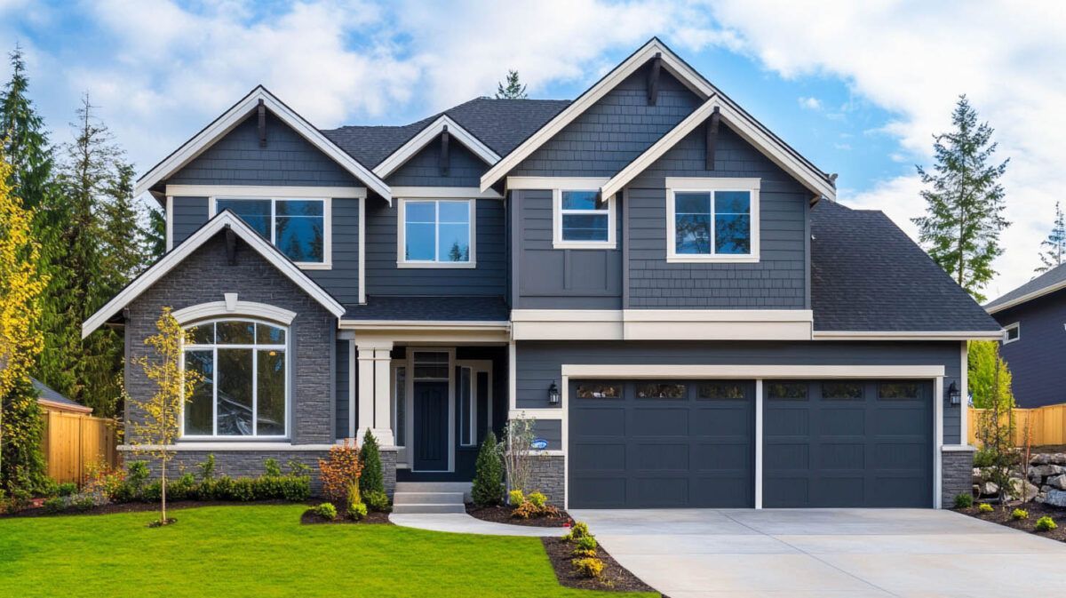 Blue-gray two-story suburban house with a front lawn and double garage