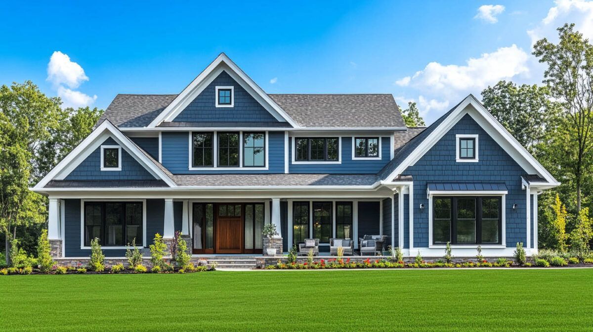 Blue-gray suburban house with white trim, front porch, and a large green lawn under a clear sky