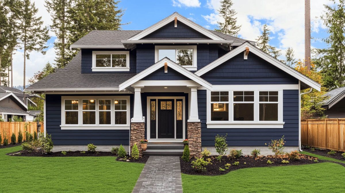Blue craftsman house with white trim, front porch, and stone walkway surrounded by a green lawn and tall trees