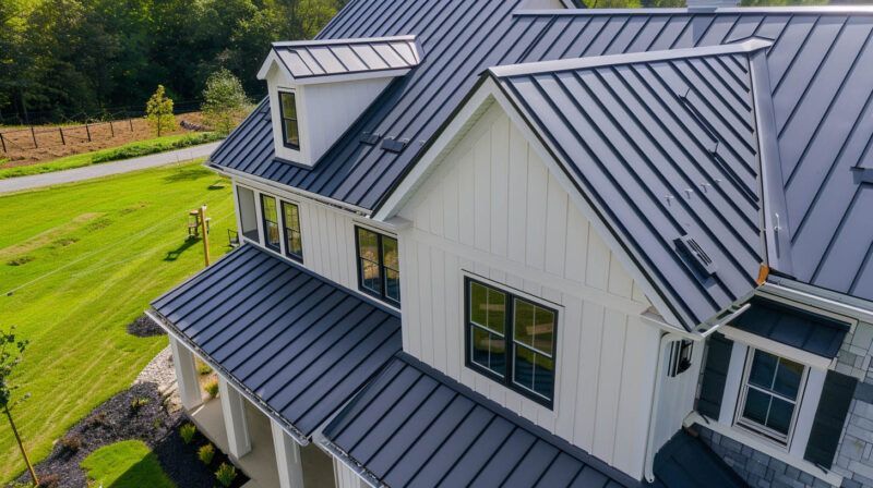 Aerial view of a gray metal-roofed white house beside a green lawn and fence