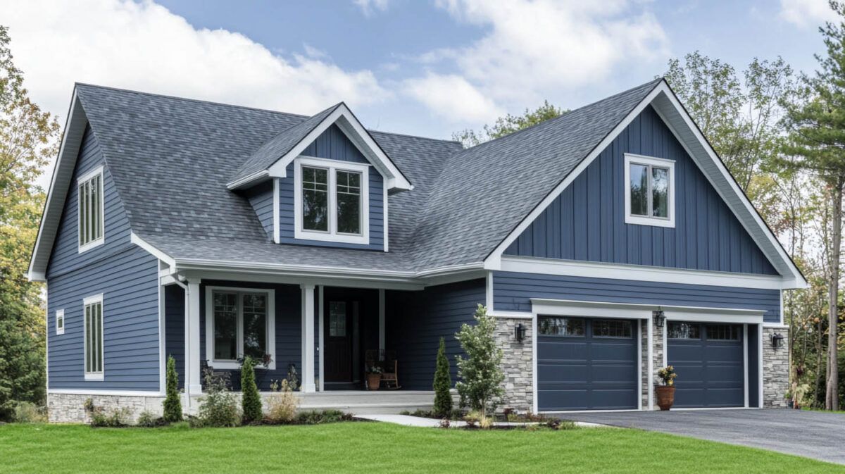 Blue-gray house with white trim, front porch, and two-car garage on a green lawn