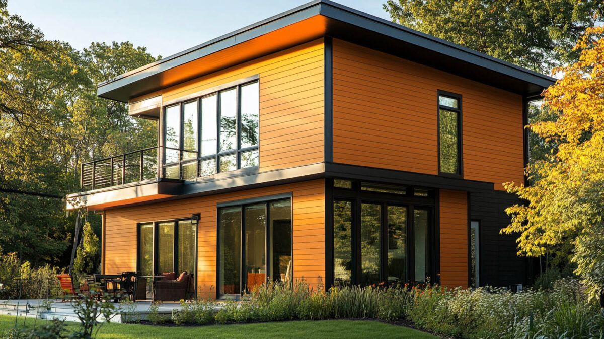 Modern two-story orange brick house with large windows and balcony, set among trees and greenery