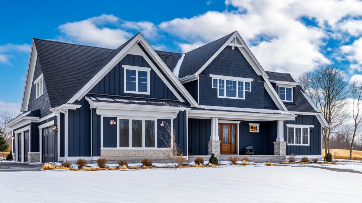 Large dark-gray suburban house with white trim and snow-covered yard under a blue sky
