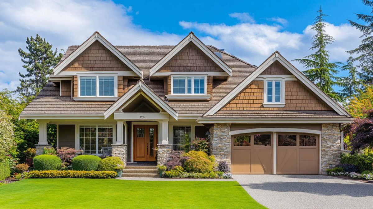 Suburban house with gabled roof, stone facade, front porch, and two-car garage under a blue sky