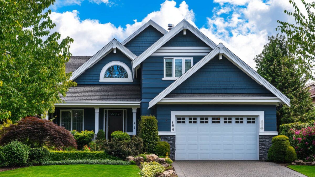 Blue suburban house with white trim, garage, and manicured front yard under a partly cloudy sky