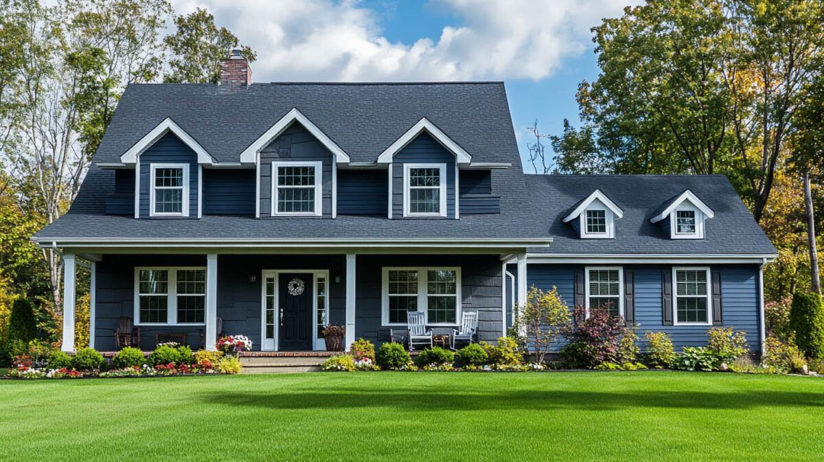 Blue two-story suburban house with white trim, dormer windows, and a large green lawn