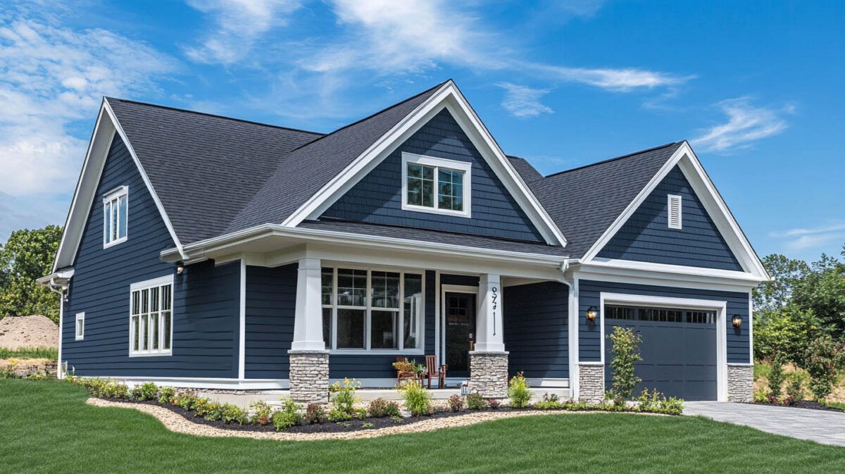 Dark blue suburban house with white trim, front porch, gabled roof, and attached garage under a blue sky