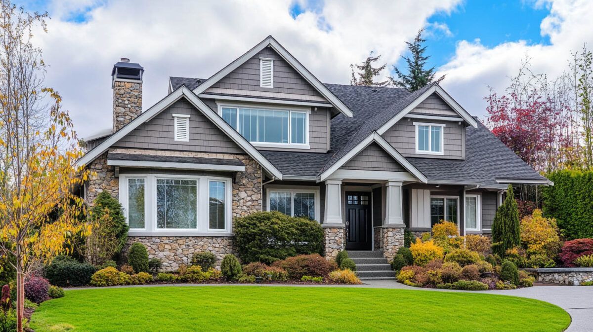 Large gray suburban house with white trim, manicured lawn, and colorful trees under a partly cloudy sky