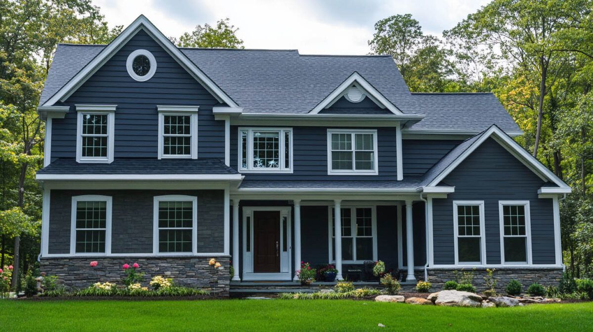 Dark blue two-story house with white trim, front porch, and manicured lawn under trees