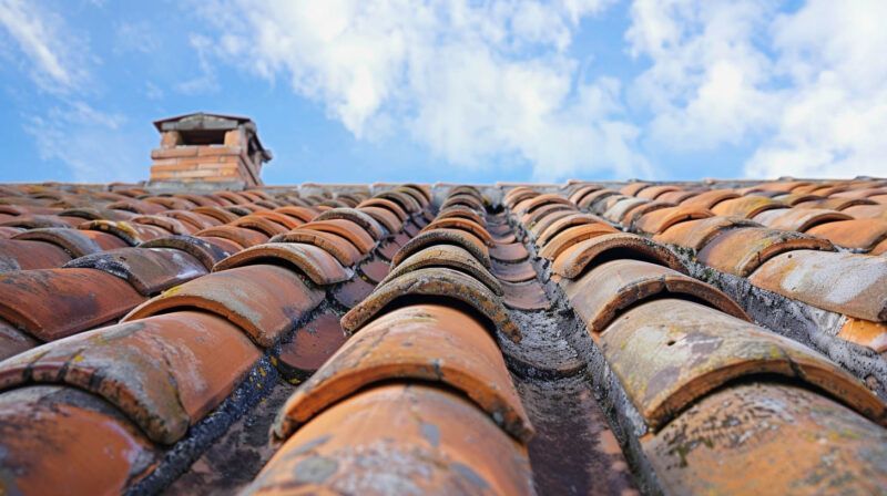 Terracotta roof tiles viewed from below against a blue sky with clouds, chimney at left