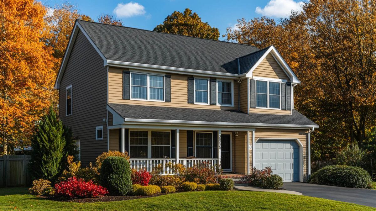 Two-story suburban house with gray siding, front porch, attached garage, and autumn trees in the background