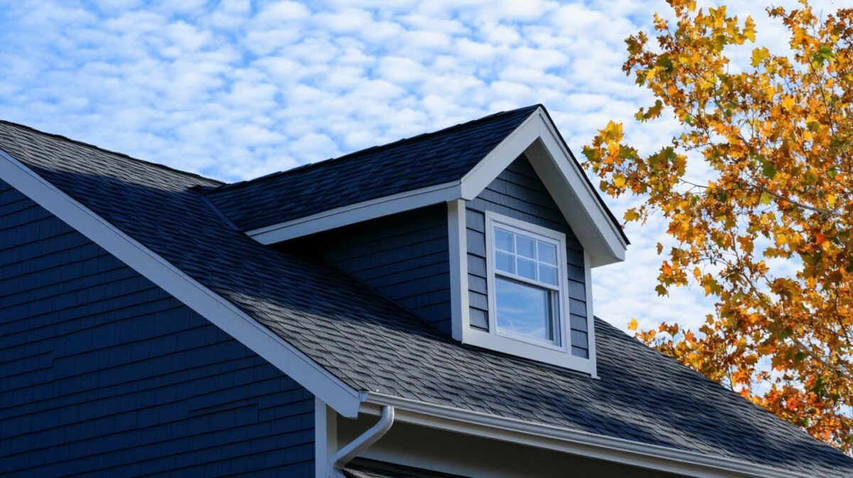 Blue house roof with dormer window under a cloudy sky and autumn tree branches