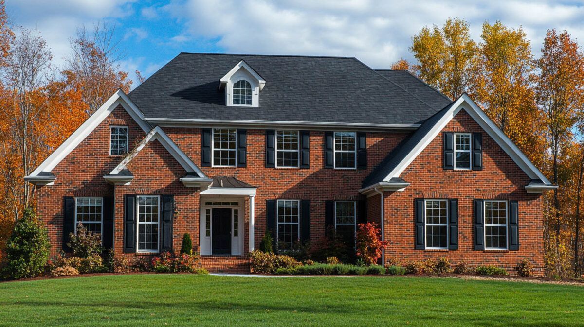 Brick suburban house with black roof and white trim, front lawn, and autumn trees under a blue sky