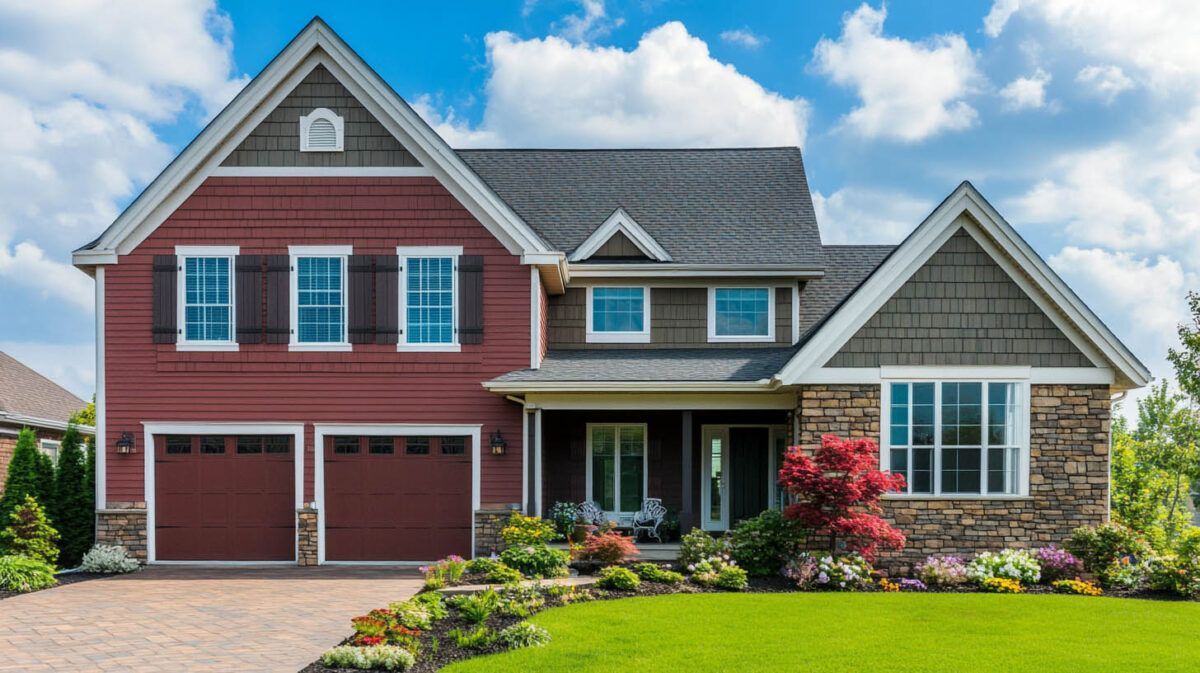 Red two-story suburban house with white trim, gray roof, garage, and landscaped front yard