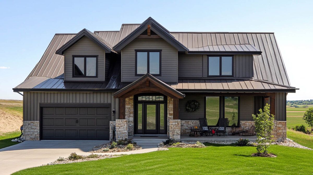 Modern two-story house with dark gray roof, stone accents, and attached garage on a green lawn