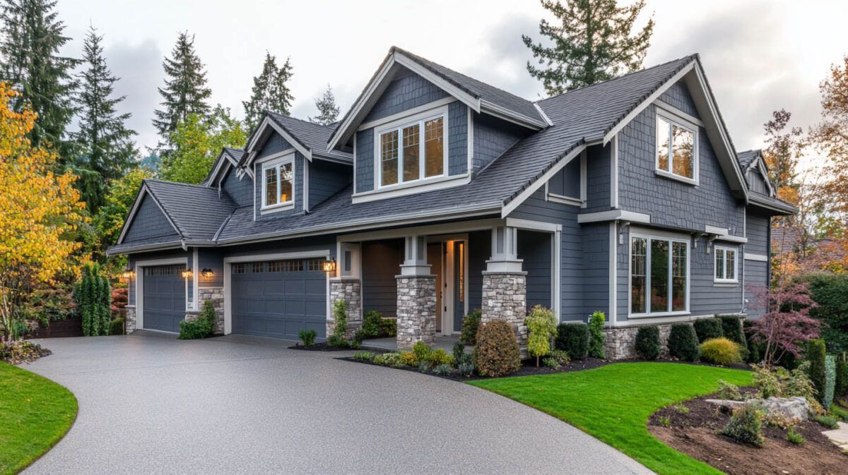 Large gray suburban house with gabled roof, attached garage, and landscaped front yard