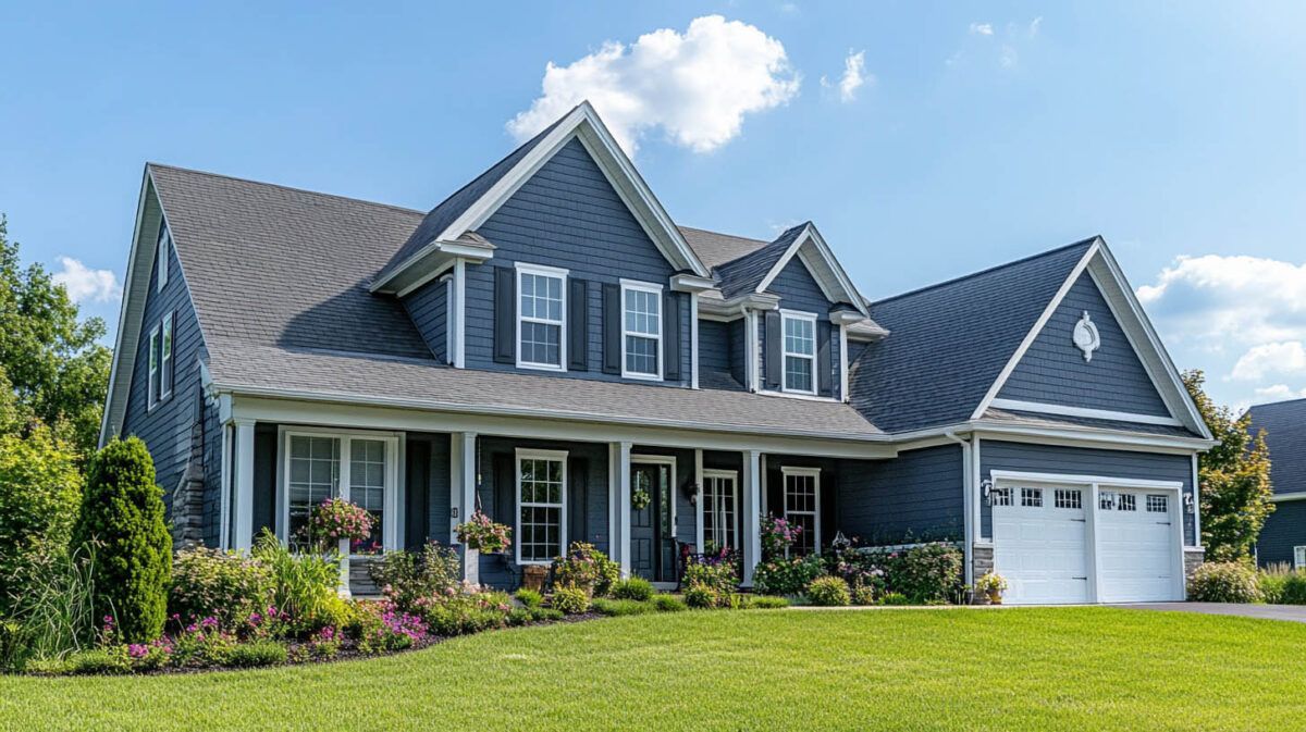 Gray suburban house with white trim, front porch, attached garage, and a green lawn under a blue sky.