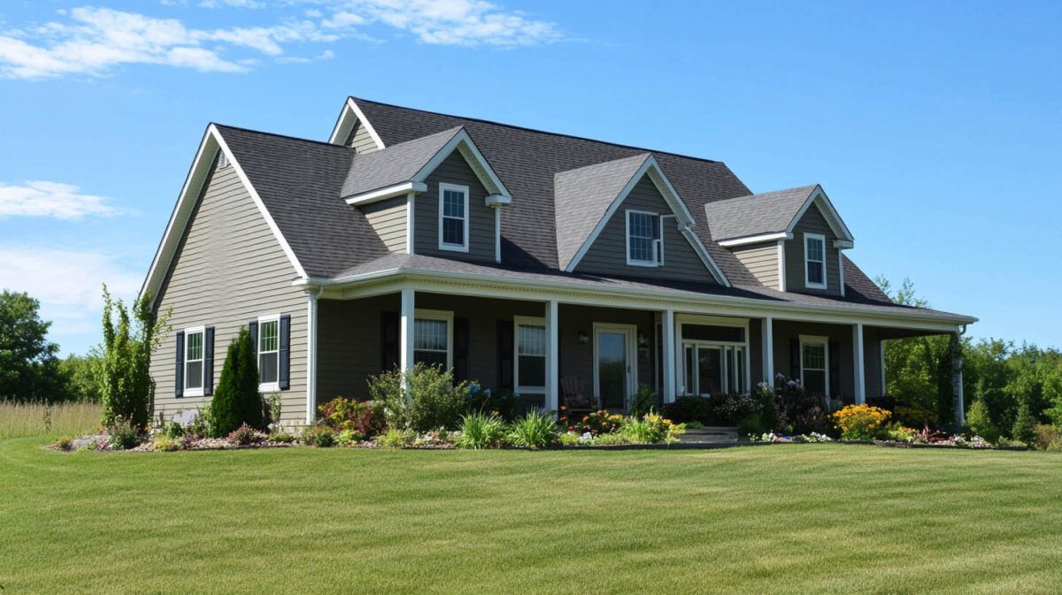 Gray farmhouse with a covered porch and dormer windows on a green lawn under a blue sky