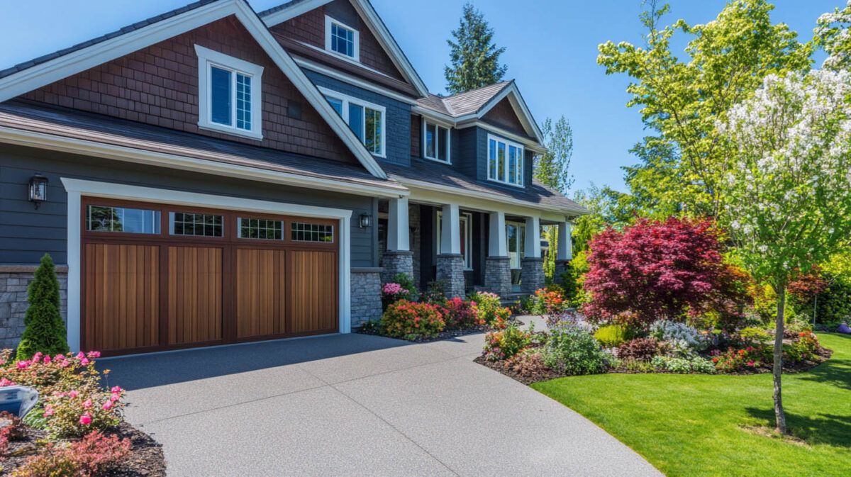 Suburban house with gray siding, wooden garage doors, driveway, and colorful landscaped front yard