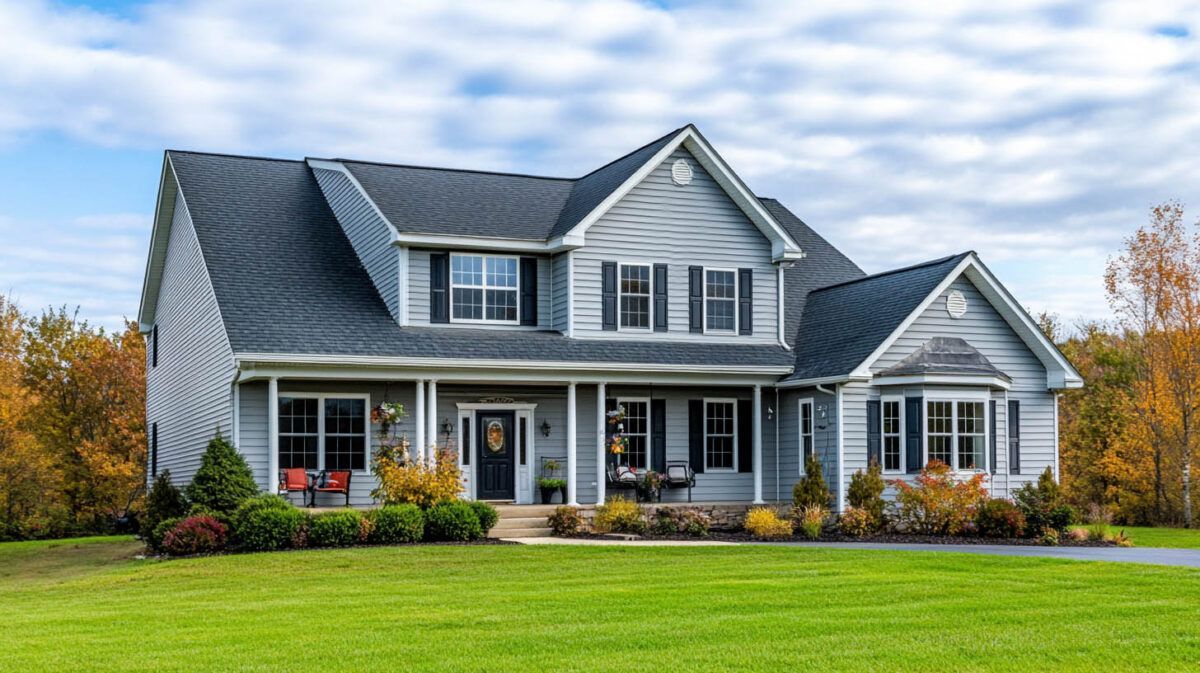 Gray suburban house with a front porch, dormer windows, and a green lawn under a partly cloudy sky