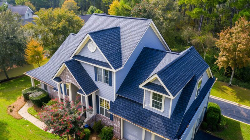 Aerial view of a blue-roofed suburban house with a landscaped yard and trees around it