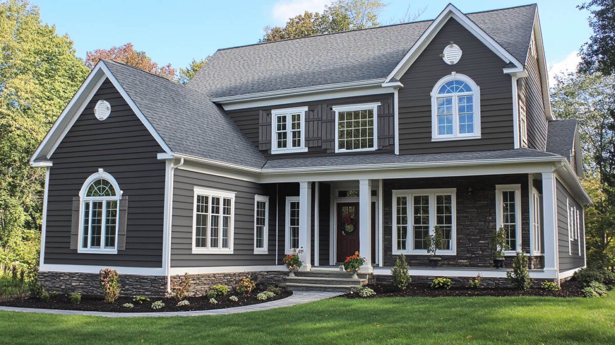Dark gray suburban house with white trim, a porch, and manicured lawn in daylight