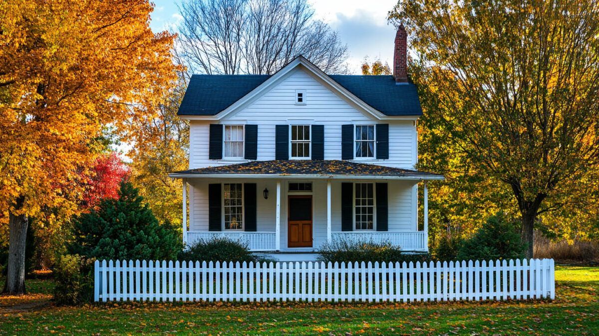 White two-story house with black shutters and a white picket fence, framed by colorful autumn trees.