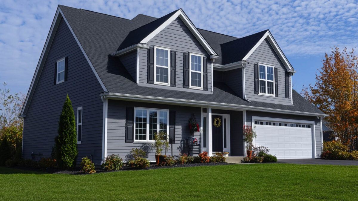 Suburban two-story gray house with white trim, front porch, and attached garage under a blue sky