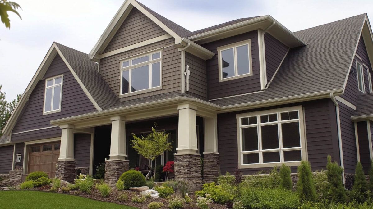 Modern dark-brown suburban house with gabled roof, front porch, and landscaped front yard