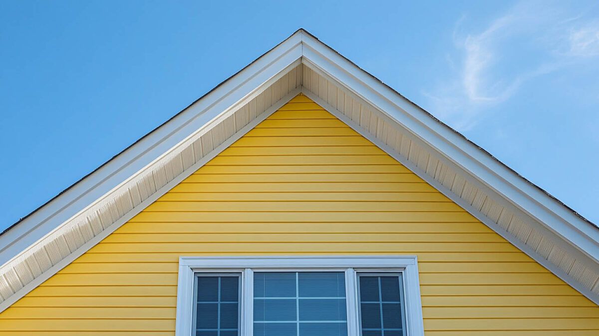 Yellow house gable with white trim and a centered window against a blue sky