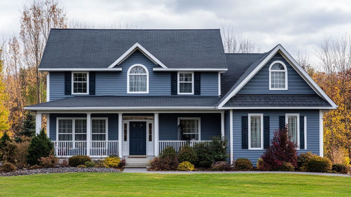 Gray two-story suburban house with white trim, front porch, and manicured lawn in autumn.