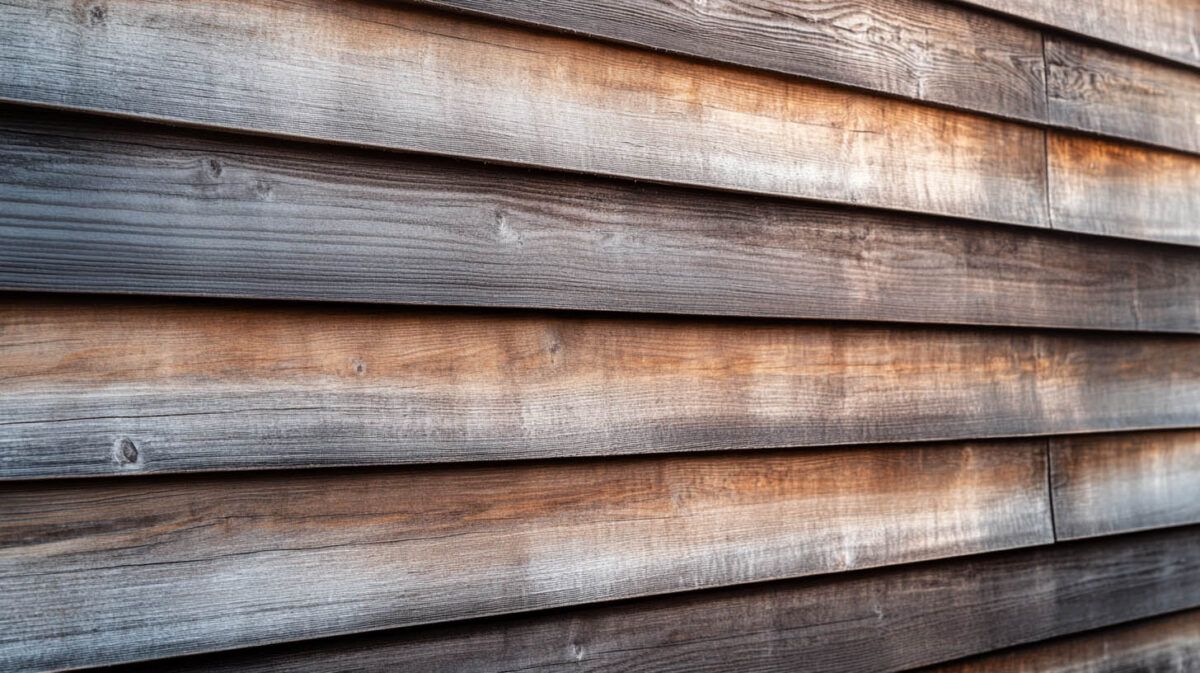 Close-up of stacked weathered wooden planks with gray and brown tones