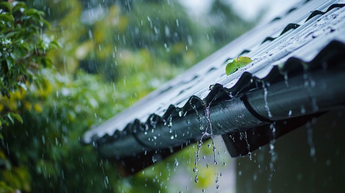 Rain falling from a house roof gutter with blurred green trees in the background