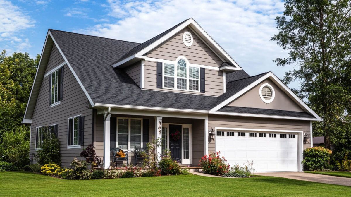 Suburban two-story gray house with white trim, front porch, and attached two-car garage on a green lawn.