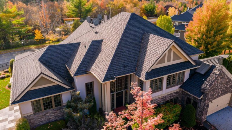 Aerial view of a suburban house with gray roof, surrounded by autumn trees and pink flowering shrubs.