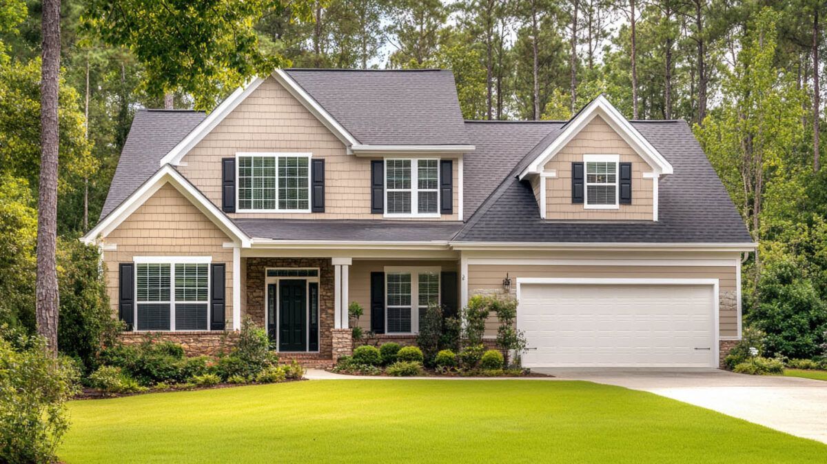 Suburban two-story house with beige siding, white garage, and a green lawn surrounded by trees.