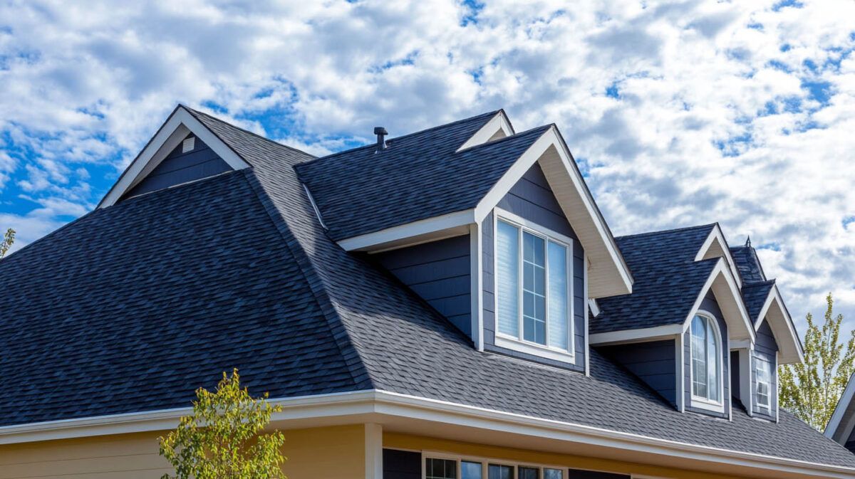 Blue shingled house roof with dormer windows against a cloudy sky