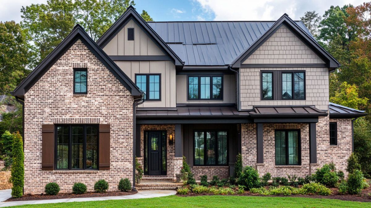 Two-story modern brick house with dark roof, large windows, and a manicured front lawn