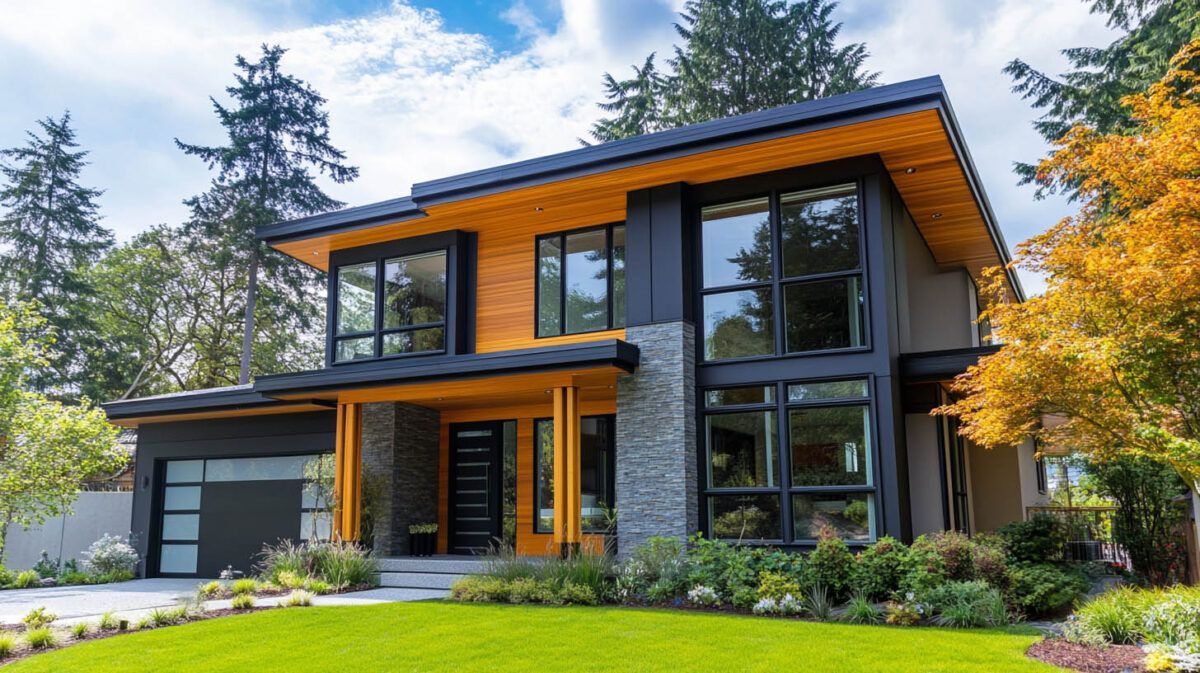 Modern two-story house with dark wood and glass exterior, framed by green lawn and autumn trees
