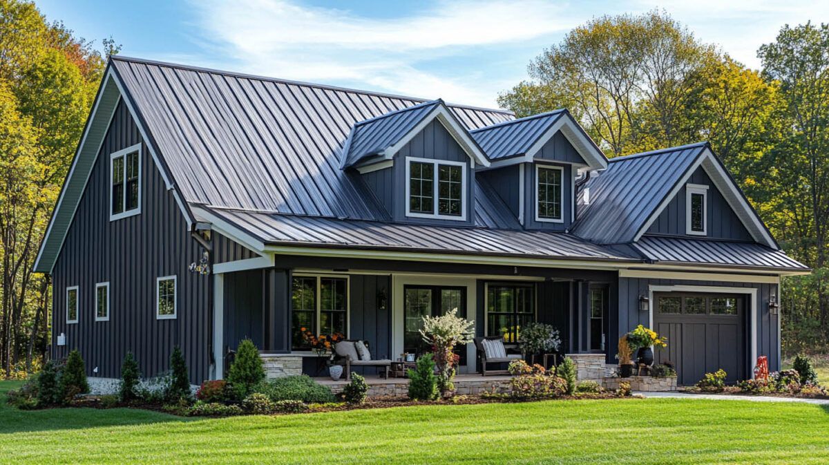 Dark blue farmhouse with metal roof and dormer windows, set in a green lawn with trees behind.