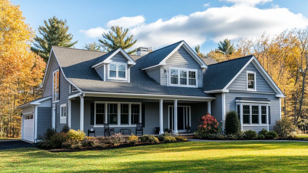 Blue-gray suburban house with a porch, dormer windows, and a green lawn under a partly cloudy sky