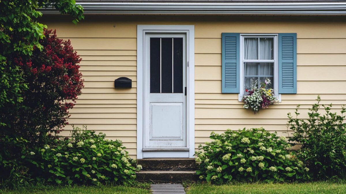 Yellow house wall with a white door, blue shutters, and flower boxes by green shrubs
