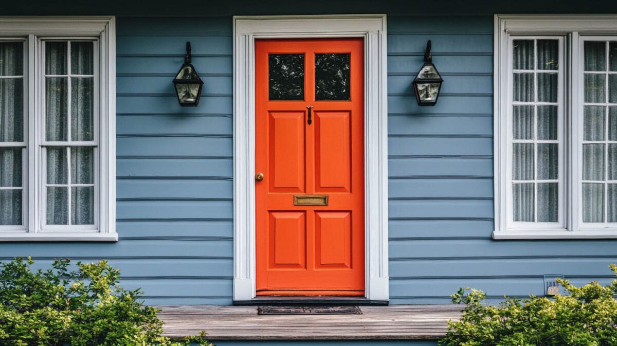 Bright orange front door on a blue house with white-trimmed windows and wall lanterns