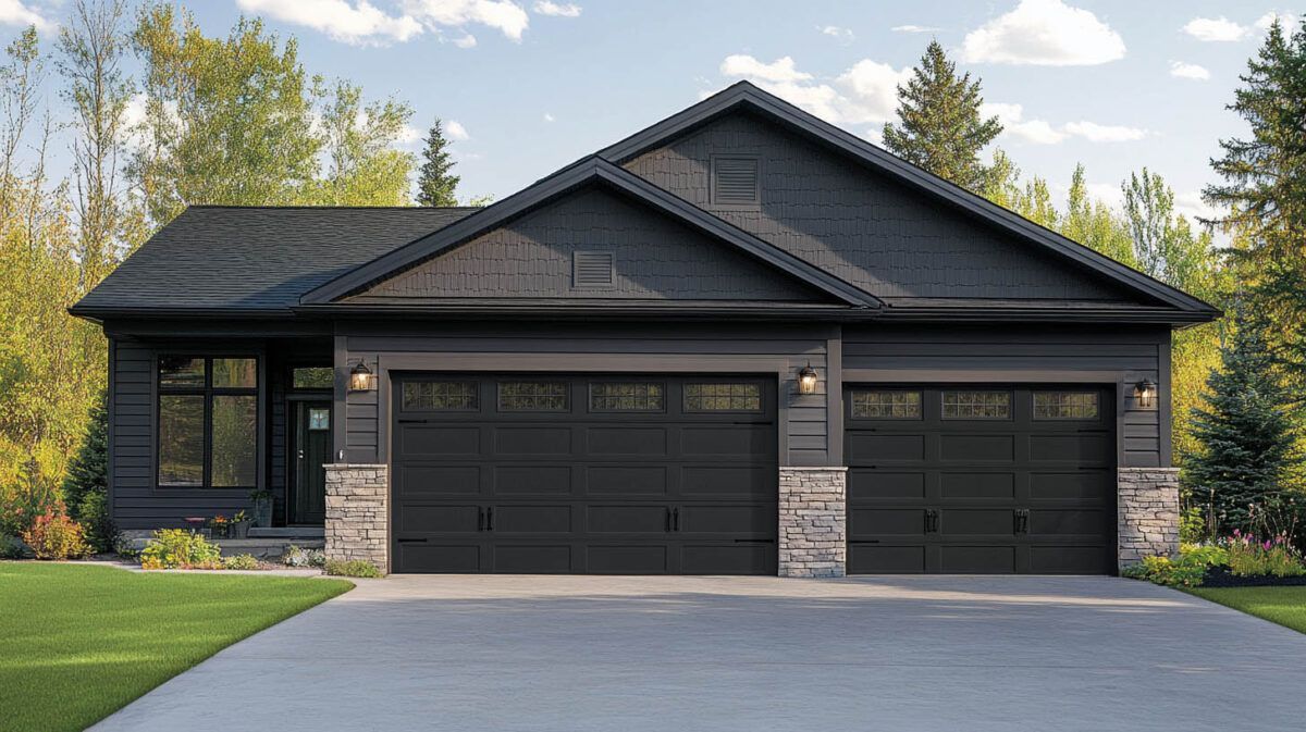 Modern dark gray house with stone accents and a three-car garage under a partly cloudy sky