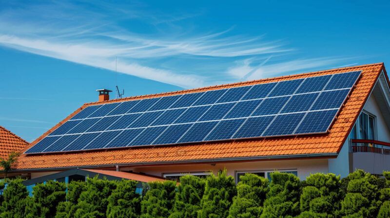 House roof with large blue solar panels under a clear sky, with green bushes in front