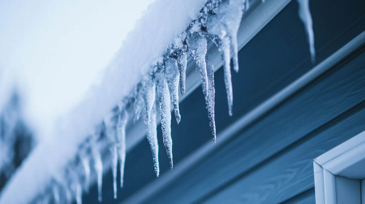 Icicles hanging from a snow-covered roof edge on a blue house exterior