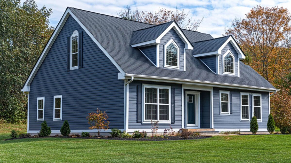 Blue two-story house with white trim and dormer windows on a grassy lawn